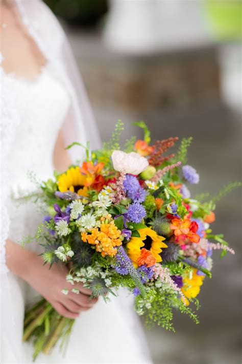 Colorful Sunflower, Thistle and Wildflower Bouquet | Sunflower bridesmaid bouquet, Sunflower ...