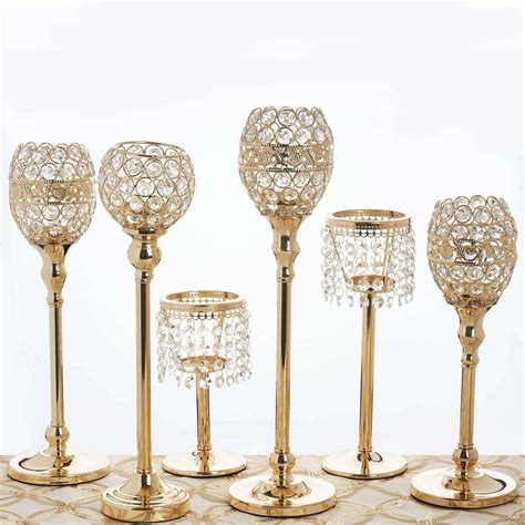 16" Tall Gold Sleek Pillar Crystal Votive Tealight Candle Holder Wedding Centerpiece | eFavorMart