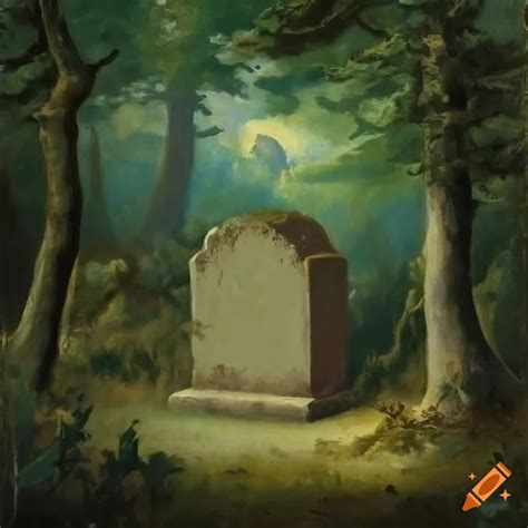 Baroque painting of a gravestone in the woods on Craiyon