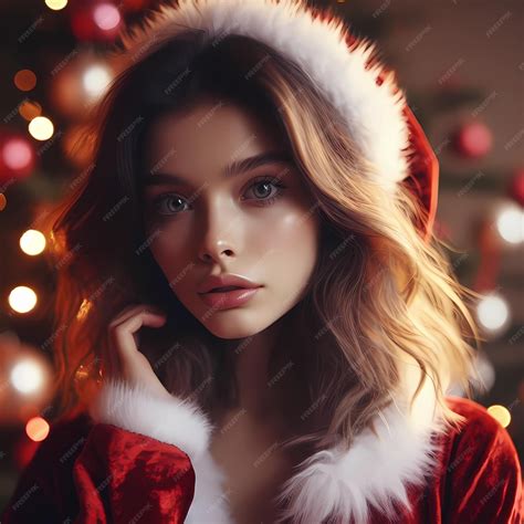 Premium AI Image | Festive Woman in Santa Hat with Christmas Lights in Background