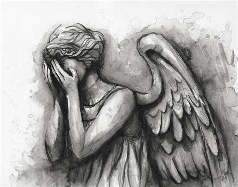 Weeping Angel Watercolor Painting by Olga Shvartsur