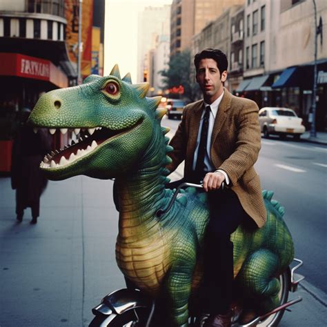 Ross Geller riding a dinosaur : r/midjourney