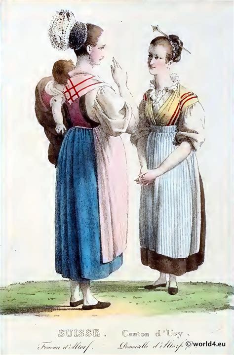 Women costumes from Canton of Uri 1815. Traditional Swiss costumes.