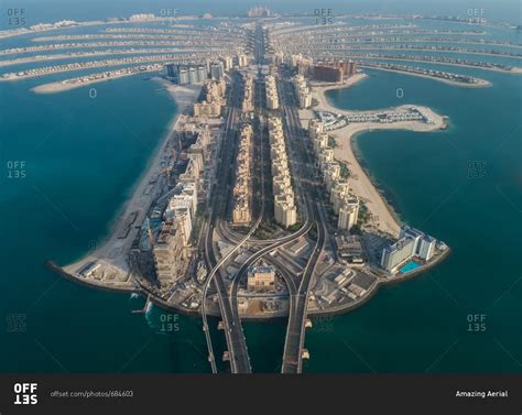 Aerial view of The Palm Jumeirah in Dubai, UAE stock photo - OFFSET