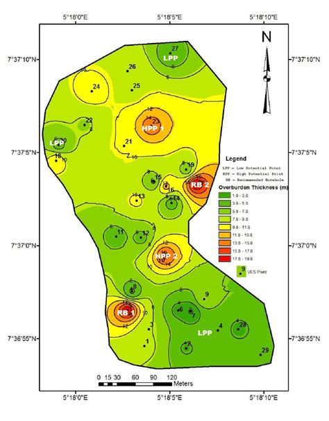 Isopach map of Overburden Thickness of the study area | Download ...