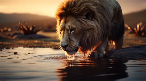 Premium AI Image | Lion drinking water slow motion animal picture Ai ...