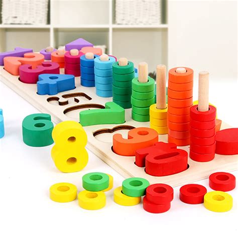 Kids Wood Sorting Puzzles Toys Shape Sorter Number and Math Stacking ...