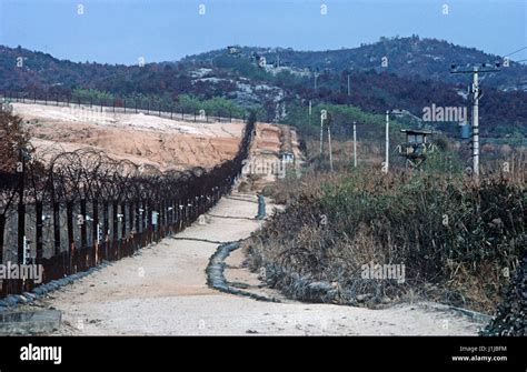 Heavily fortified Korean Demilitarized Zone, DMZ Line, between North ...