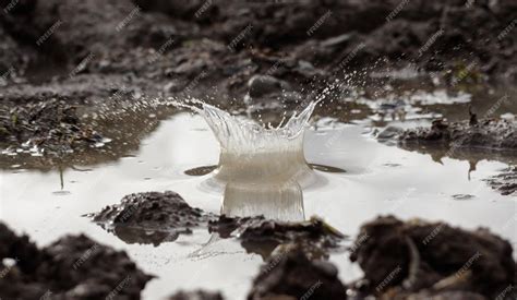 Premium Photo | Closeup of the water splash in the muddy puddle.