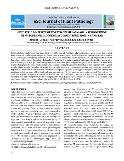 (PDF) GENOTYPIC DIVERSITY OF POTATO GERMPLASM AGAINST ROOT KNOT ...