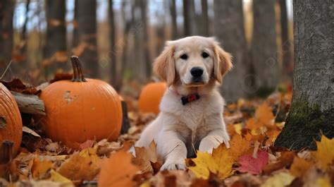 Golden Retriever Puppy In Fall Leaves Near Pumpkins Background, Fall ...