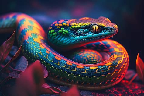 Premium AI Image | A colorful snake with a blue head and a yellow eye.