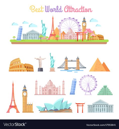 Best world attractions cartoon set Royalty Free Vector Image