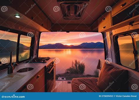 Sunset Seen from Back of Camper Van with Amazing Landscape. Concept of ...