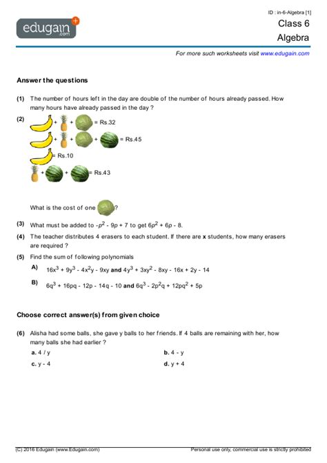 Grade 6 - Algebra | Math Practice, Questions, Tests, Worksheets ...