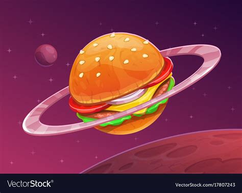 Cartoon burger planet icon on space background. Food space concept. Hamburger vector ...