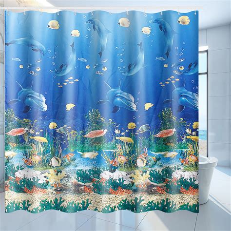 ASEWUN 71''x71'' Dolphin Shower Curtain with 12 Hooks,Underwater Fish Coral Reef Decorations for ...