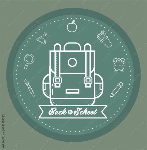 backpack with pencils colors and erlenmeyer flask supplies Stock Vector | Adobe Stock