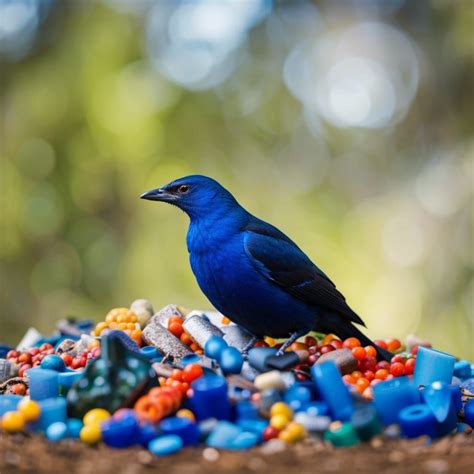 Satin bowerbird sitting aTop a mound of blue objects that he has collected - AI Generated ...