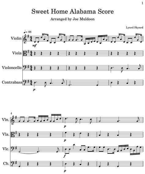 Sweet Home Alabama Score - Sheet music for Violin, Viola, Cello, Contrabass