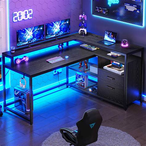 Sikaic LED Gaming Desk with Drawers Monitor Stand Black