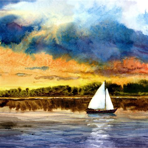 Sailboat painting watercolor PRINT seascape at Sunset Clouds