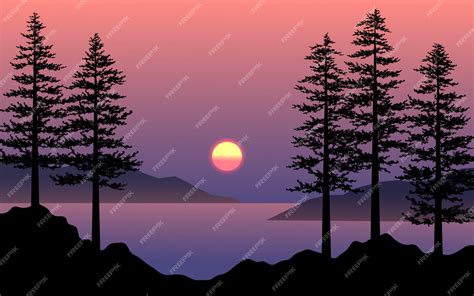 Premium Vector | Beautiful sunset scene with pine tree silhouette