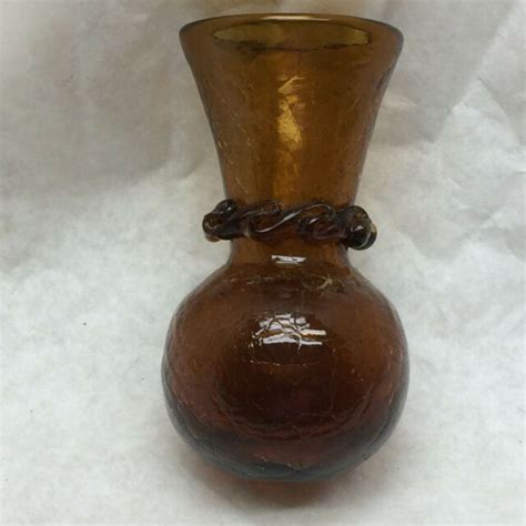 Crackle Amber Glass Small Vase Pontil Mark on Bottom | eBay