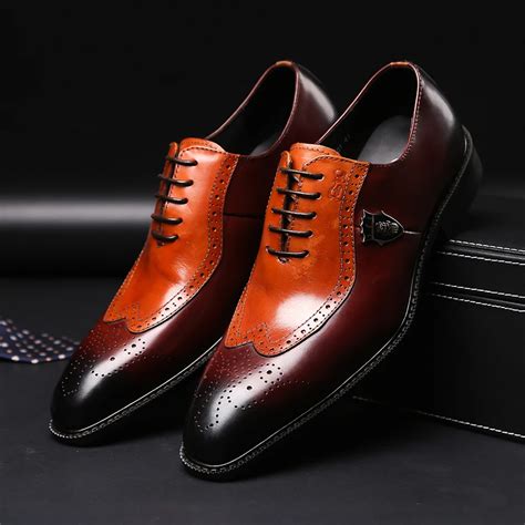 Luxury classic mens brogue oxfords dress shoes genuine cow leather brown pointed toe lace up ...