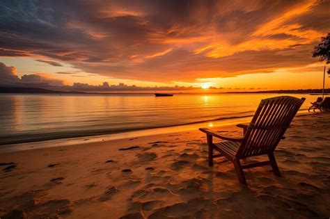 Premium AI Image | Beach chairs on the white sand beach at sunset