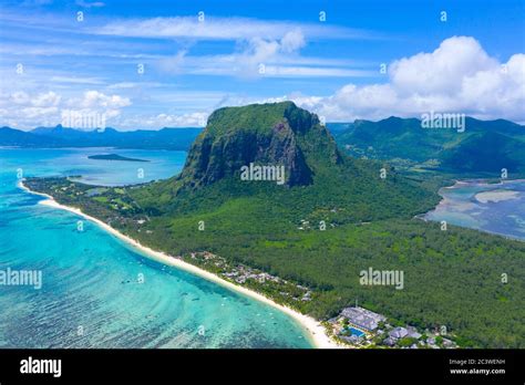 Aerial view of Le Morne Brabant, a UNESCO world heritage site.Coral ...