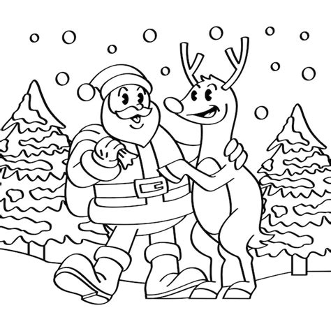 Premium Vector | Coloring book santa and rudolph walking on the snow hand drawing