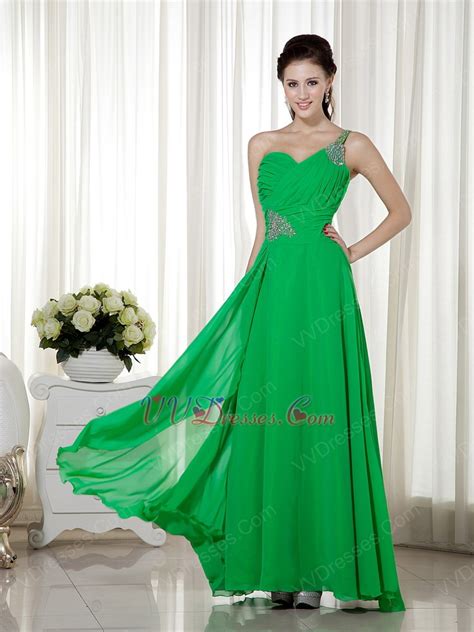 Bright Spring Green Chiffon Prom Dress With One Shoulder Neck