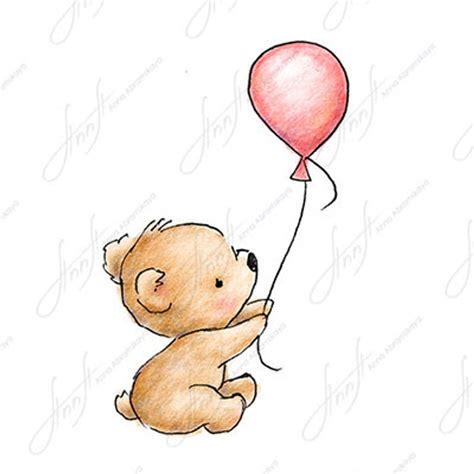 Die Zeichnung der niedlichen Teddy mit rosa Ballon. Druckbare Kunst. Digitale Datei. Sofort ...