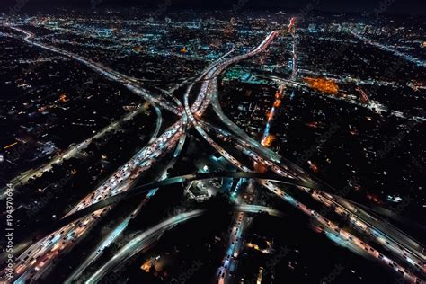 Aerial view of a massive highway in Los Angeles, CA at night Stock Photo | Adobe Stock