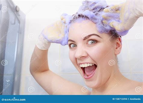 Funny Woman with Toner Shampoo on Her Hair Stock Photo - Image of wash, washing: 158712494