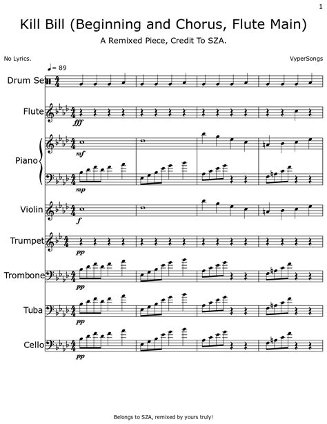 Kill Bill (Beginning and Chorus, Flute Main) - Sheet music for Drum Set, Flute, Piano, Violin ...