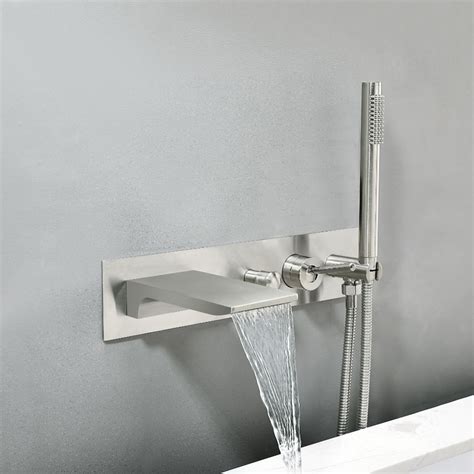 Modern Waterfall Tub Filler Wall Mounted Bathtub Tap with Handshower Brushed Nickel - Home ...