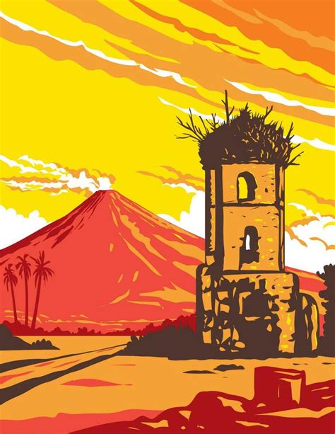 Mayon Volcano and Cagsawa Ruins Bell Tower Albay Philippines WPA Art Deco Poster 25252787 Vector ...