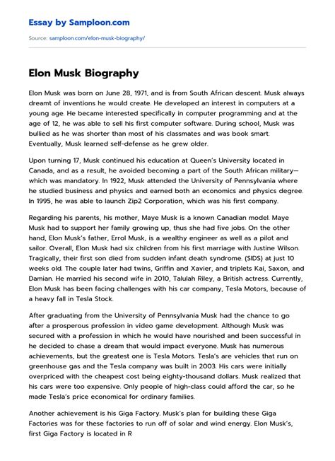 Elon Musk Biography Personal Essay on Samploon.com