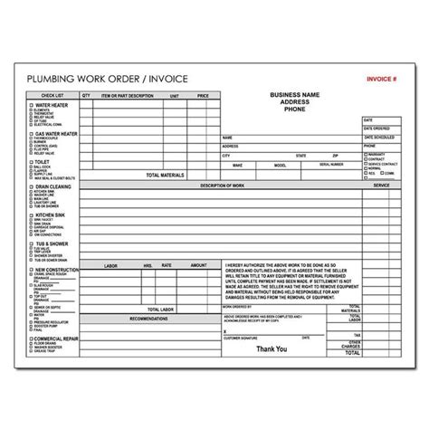 Plumbing Job Form - Custom Printed, Carbonless Copies, 2 or 3 Part Forms, Large Horizontal Bill ...