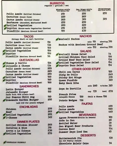 Mexicali Menu, Menu for Mexicali, Glorietta Complex, Makati City ...