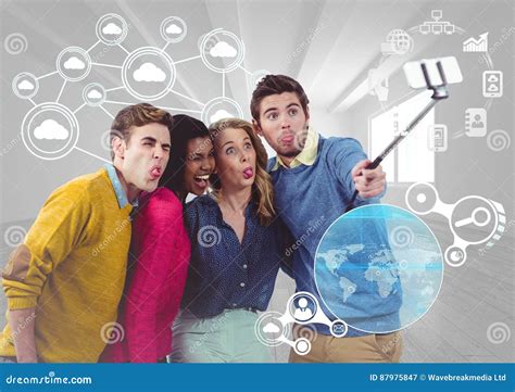 Group of Friends Taking Selfie with a Selfie Stick Stock Image - Image of communication ...