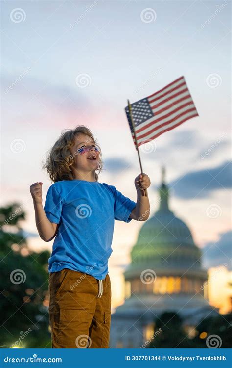 Election Day. Child with American Flag in Washington Capitol, Congress ...