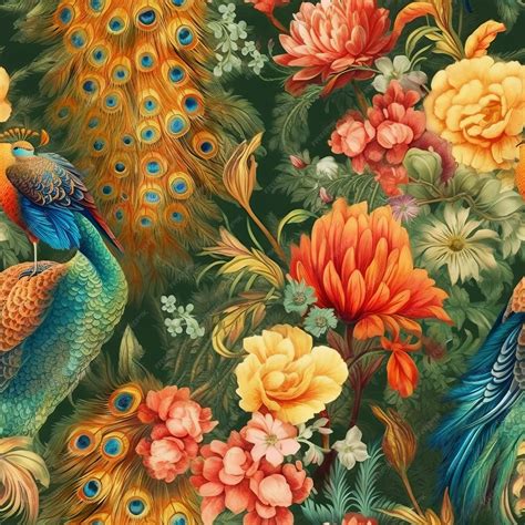 Premium Photo | A colorful floral wallpaper with a peacock and flowers.