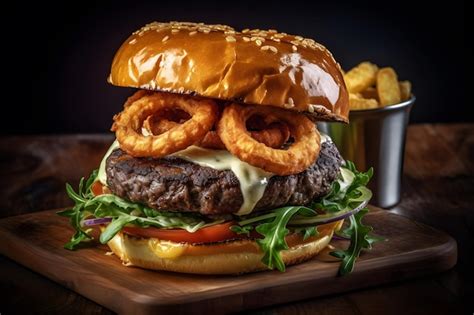 Premium AI Image | A burger with onion rings and tomato sauce on top.