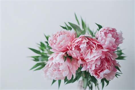 Premium Photo | Bouquet of lush beautiful pink peon flower with greens in vase on white background