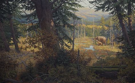 Handpainted prehistoric landscape mural of Mastodons in spruce marsh forest, background for ...