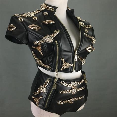 Two-Piece Leather Metal Chain Dancing Costume | Dance costumes, Odd ...