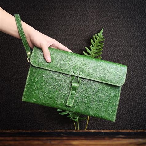 Handmade Leather Floral Tooled Mens Clutch Cool Slim Wallet Zipper Clutch Wristlet Wallet for ...